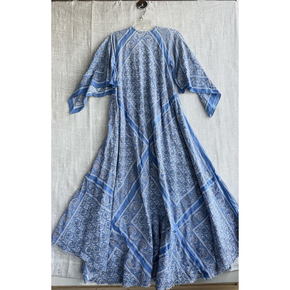 Vintage 70s Flowy Blue Paisley Bandana Boho Cotton Kaftan Maxi Dress One Size